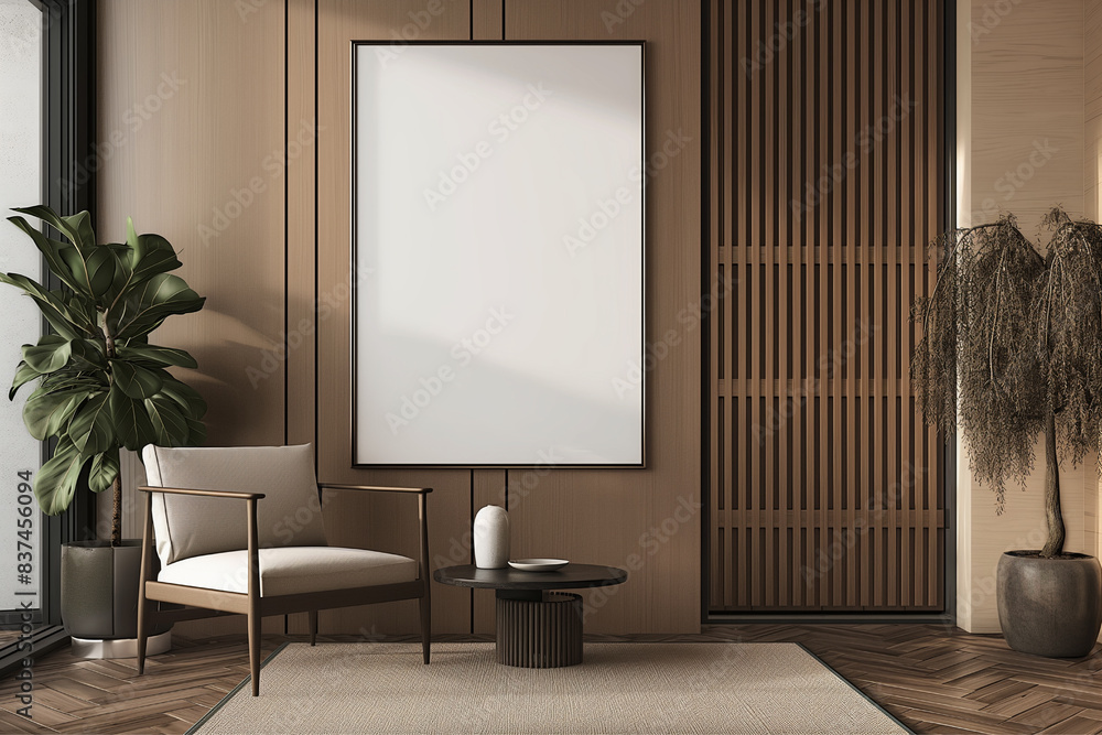 Modern Japandi Living Room Interior with Vertical A0 Frame Mockup Modern Japandi Living Room Interior with Vertical A0 Frame Mockup