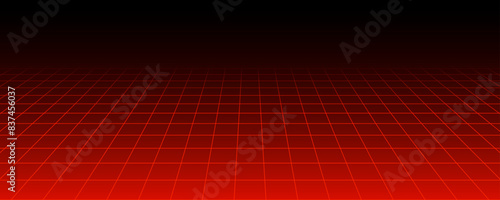 Red glowing neon wireframe background. Shining checkered horizontal grid planes in perspective. Retro futuristic depth wallpaper. Arcade game sci fi matrix surface backdrop for poster, banner. Vector