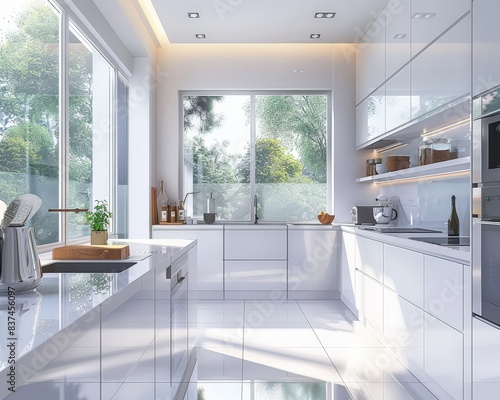 Modern White Kitchen With Large Windows and Natural Light