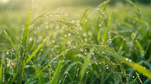 Close-Up of Dew-Covered Paddy Grains for Agriculture and Nature Marketing