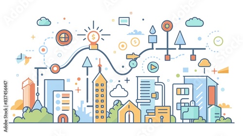 A startups journey depicted as a path from a humble garage to a highrise office, flat design top view innovative strategies cartoon drawing