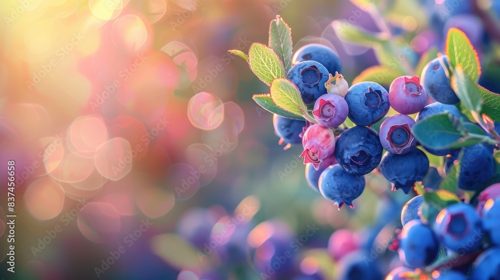 Vibrant blueberries on bushes in bright sunlight Vibrant blueberries on bushes in bright sunlight
