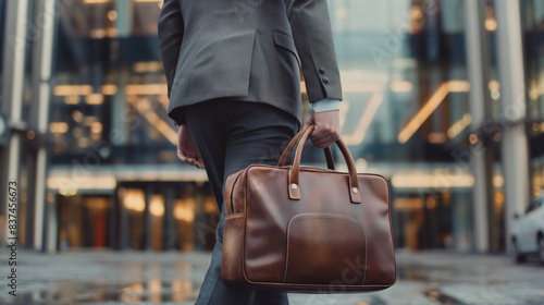 Businessman walking with leather briefcase in city.