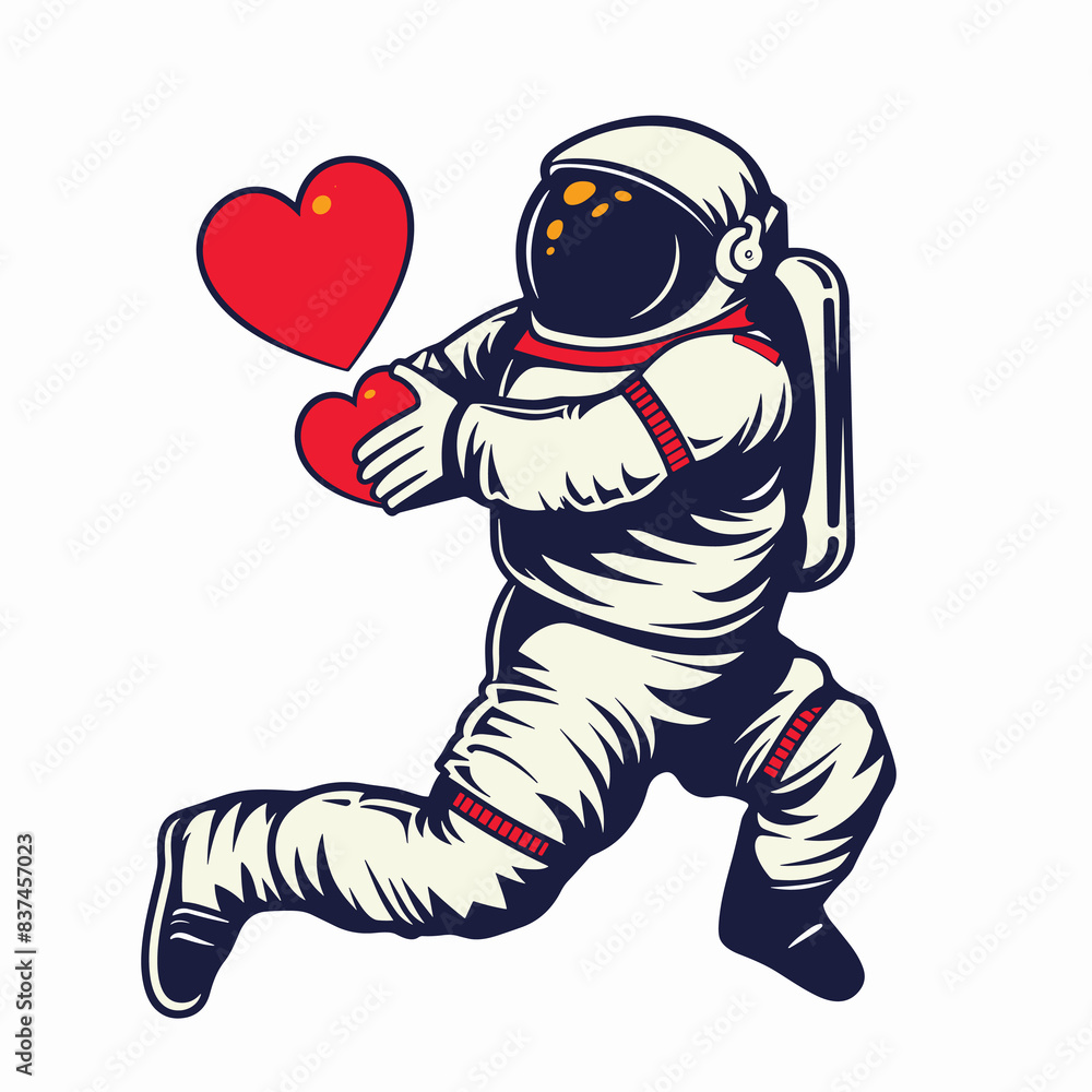 Obraz premium Astronaut kneeling offering heart symbol love cosmic romance. Space suit adorned figure proposing gesture affection cosmic valentine. Bold red heart held space traveler graphic style isolated white