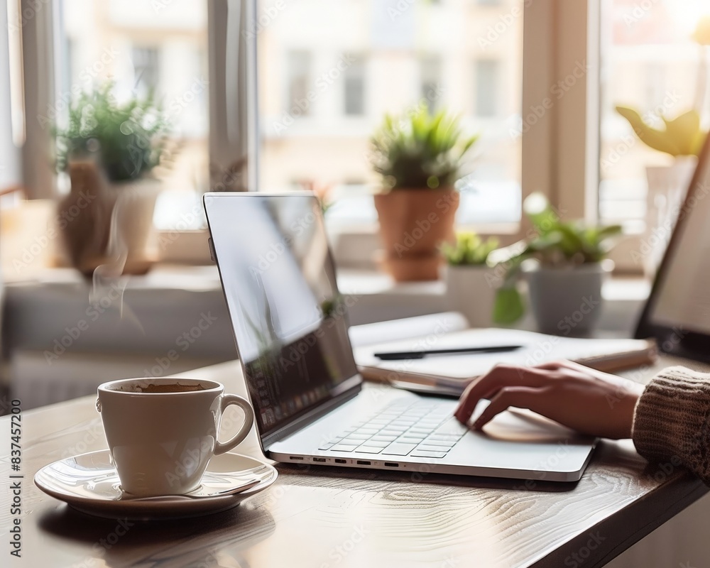 Person Working on Laptop With Coffee and Plants in a Home Office Person Working on Laptop With Coffee and Plants in a Home Office