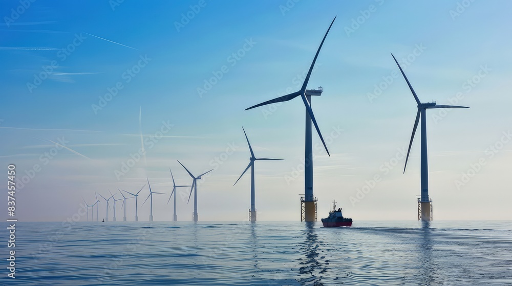 wind farm during a clear day, with a distant view of turbines lined up and a small boat passing by, emphasizing the scale. wind farm during a clear day, with a distant view of turbines lined up and a small boat passing by, emphasizing the scale.