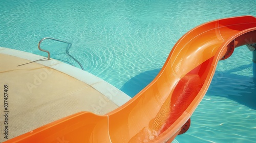  Orange slide with a gentle curve, descending into a peaceful blue lagoon, ideal for family vacation ads.