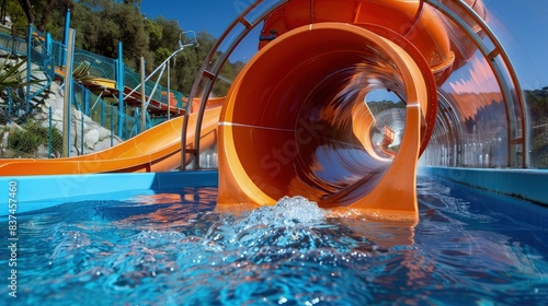 An orange tube water slide encapsulated in a transparent tunnel, twisting above a scenic blue pool, offering a unique perspective for an aqua park banner.