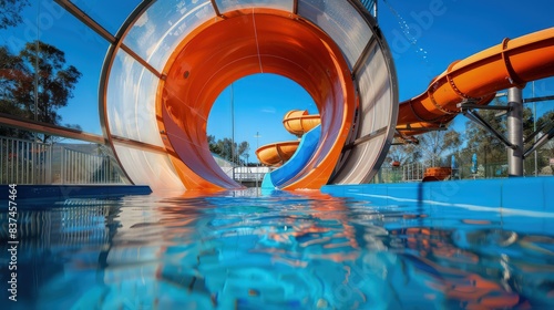 An orange tube water slide encapsulated in a transparent tunnel, twisting above a scenic blue pool, offering a unique perspective for an aqua park banner.
