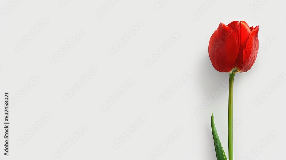 Single red tulip with green stem on white background Single red tulip with green stem on white background