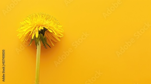 Single yellow dandelion flower on solid background