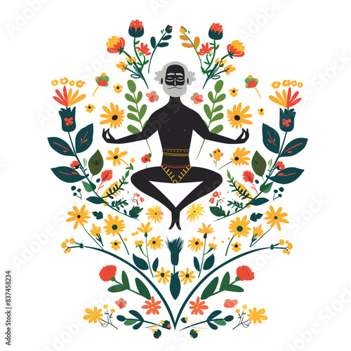 African man meditating surrounded bright colorful flowers, peaceful harmony. Traditional outfit, yoga pose, floral ornament, meditation practice, African culture. Serene, mental health, selfcare