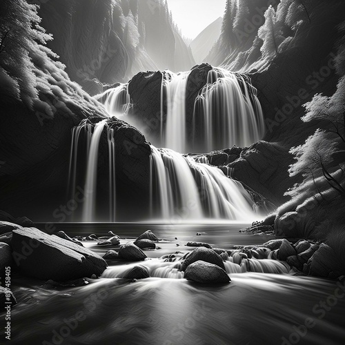 waterfall in the mountains in black and white