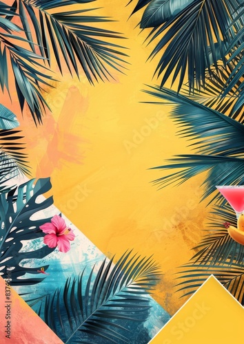 Tropical Summer Vibes: Colorful Beach Background with Palm Leaves and Refreshing Pink Cocktail for Party Invitations