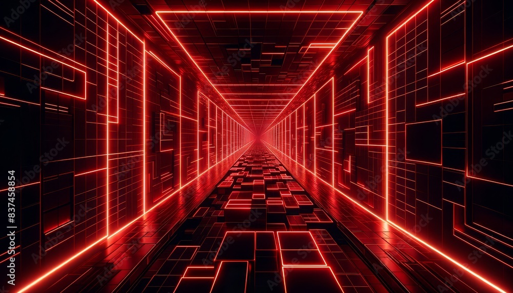 Obraz premium Glowing Red Neon Squares in Infinite Tunnel