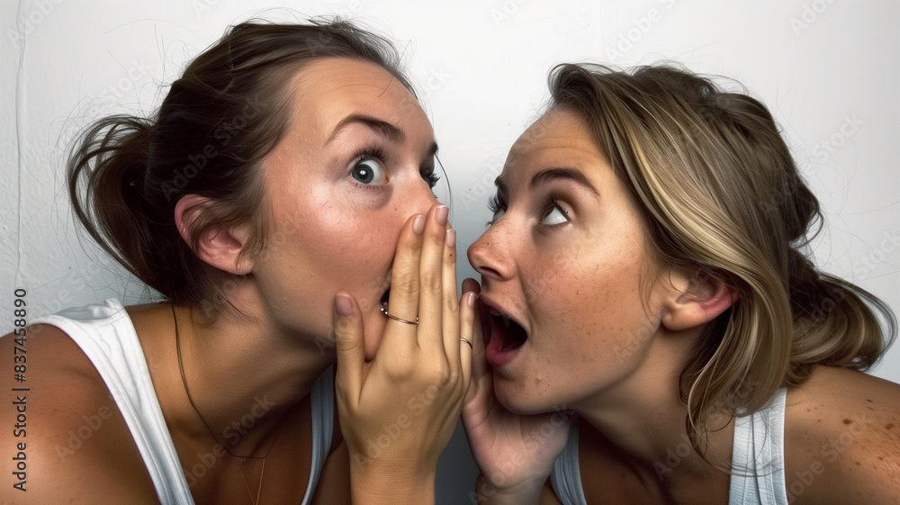 Two women gossiping and whispering, expressing friendship and fun Two women gossiping and whispering, expressing friendship and fun