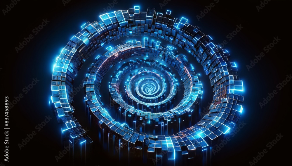 Fototapeta premium Futuristic Blue Neon Spiral Tunnel on Black Background