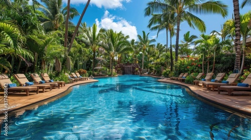 A large swimming pool surrounded by lush palm trees  with lounge chairs scattered around  offering a relaxing and tropical setting
