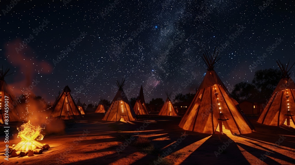 A night view of a village with glowing teepee tents under a starry sky, with a bonfire casting warm light and creating long shadows on the ground. A night view of a village with glowing teepee tents under a starry sky, with a bonfire casting warm light and creating long shadows on the ground.