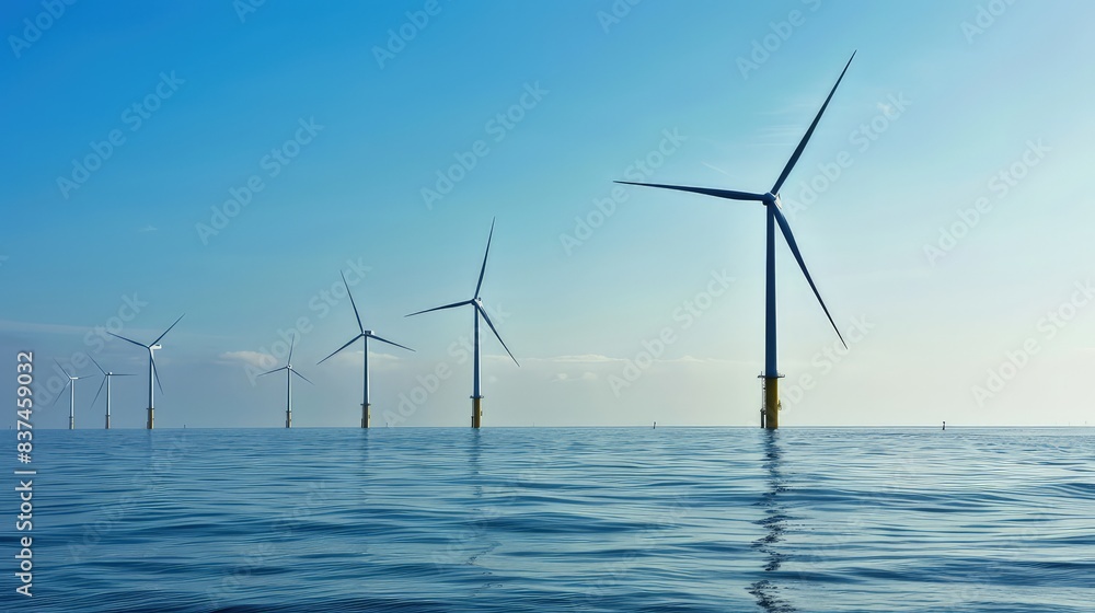 A panoramic view of a large offshore wind farm, with multiple turbines standing tall in the open blue sea under a clear sky. A panoramic view of a large offshore wind farm, with multiple turbines standing tall in the open blue sea under a clear sky.
