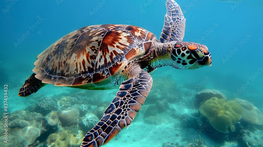 Obraz premium Closeup of a sea turtle swimming gracefully through clear blue water
