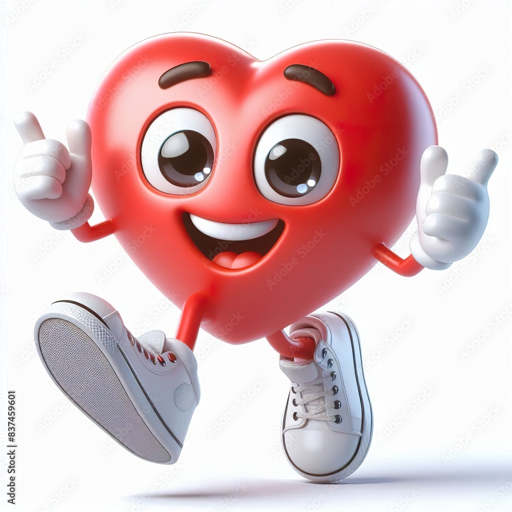 3D image of a heart cartoon character with a pair of white and high top sneakers, happy overjoyed, jumping, white background 3D image of a heart cartoon character with a pair of white and high top sneakers, happy overjoyed, jumping, white background
