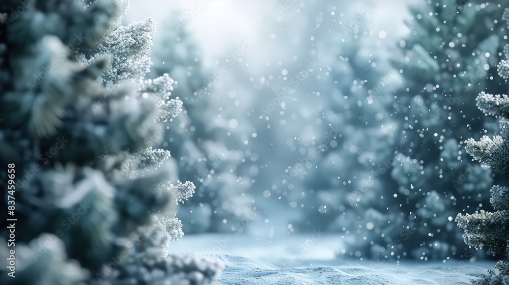 A serene low angle view of a winter forest, with soft-focus snowy trees and gentle snowfall, creating a tranquil, blurry background. A serene low angle view of a winter forest, with soft-focus snowy trees and gentle snowfall, creating a tranquil, blurry background.