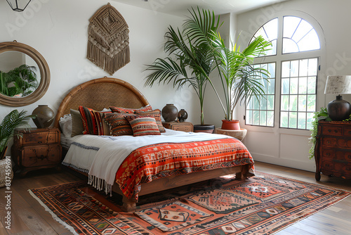 Wallpaper Mural Cozy bohemian-style bedroom, bed rattan headboard, colorful throw pillows patterned duvet cover, macrame, vintage wooden dresser, potted palm, area rug pattern, bedside tables with mismatched lamps. Torontodigital.ca