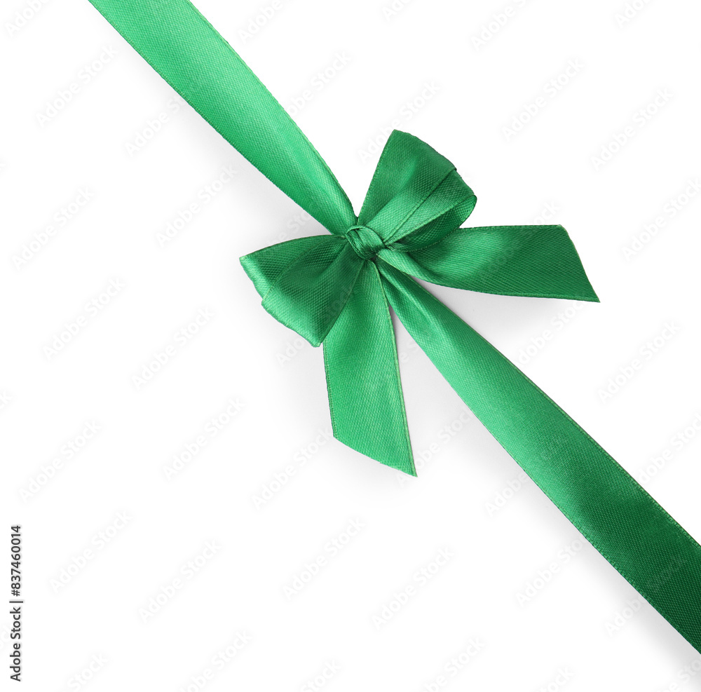 Green satin ribbon with bow isolated on white, top view Green satin ribbon with bow isolated on white, top view