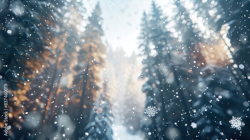 A winter forest scene from a worm's-eye view, with towering trees blurred in the background and delicate snowflakes drifting down, creating a serene, snowy atmosphere.