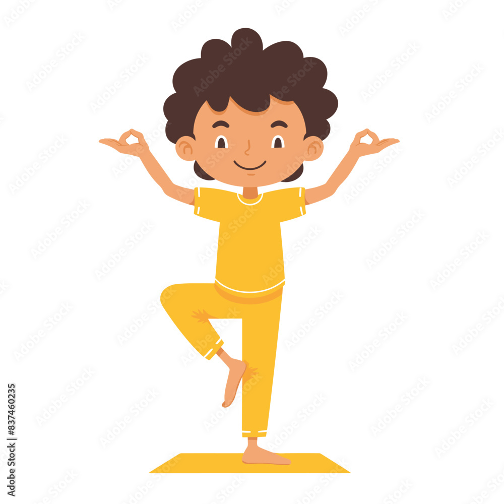 Young boy practicing yoga tree pose smiling balanced. Child happy cartoon character standing one leg yoga mat. Ethnic kid posture relaxation focused Young boy practicing yoga tree pose smiling balanced. Child happy cartoon character standing one leg yoga mat. Ethnic kid posture relaxation focused