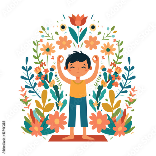 Young boy smiling standing amidst colorful flowers, happy child enjoying nature, joyful kid surrounded flora. Cartoon child rejoices spring, animated boy arms raised floral setup, cheerful youth