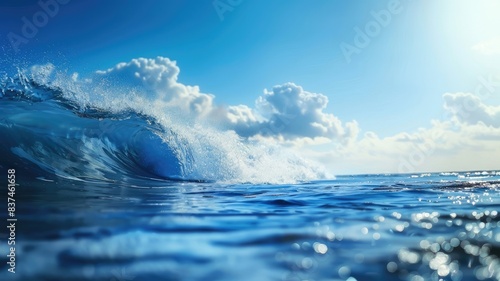 Blue ocean wave under bright sky with fluffy clouds