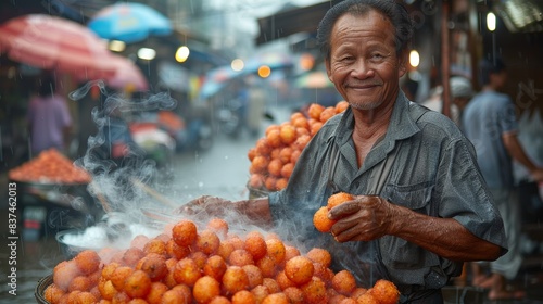 A cheerful elderly vendor in a bustling street market on a rainy day, standing next to a large pile of freshly prepared, steaming street food delicacies