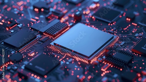 CPU. Abstract digital chip computer processor and electronic components on motherboard or circuit board. Technology develop electronic devices on microchip or microprocessor, hardware engineering. AI photo