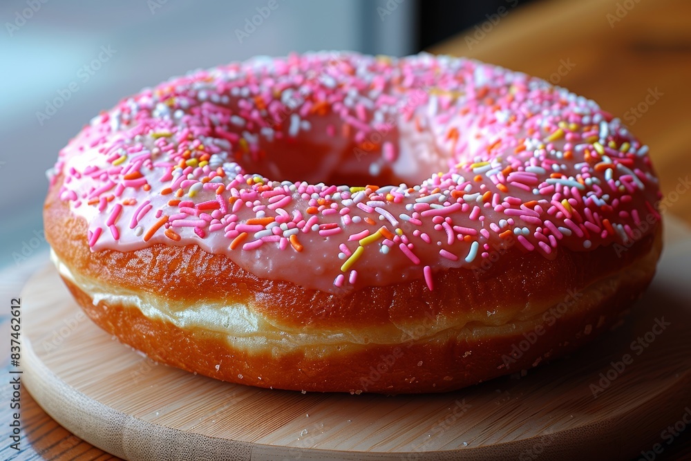 A large close-up view of a delicious pink glazed donut topped with colorful sprinkles, resting on a wooden board on a wooden table by a window A large close-up view of a delicious pink glazed donut topped with colorful sprinkles, resting on a wooden board on a wooden table by a window