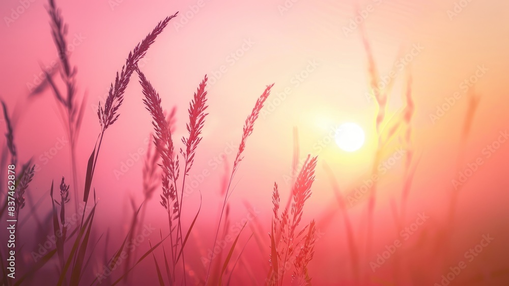 Tall grass with sunrise in serene, pink-hued sky Tall grass with sunrise in serene, pink-hued sky