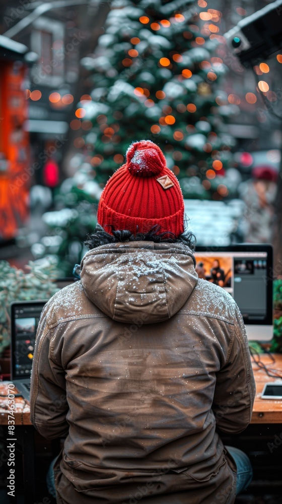 A person wearing a red winter hat and jacket, working outdoors on a computer in a snowy environment, with festive lights and decorations in the background