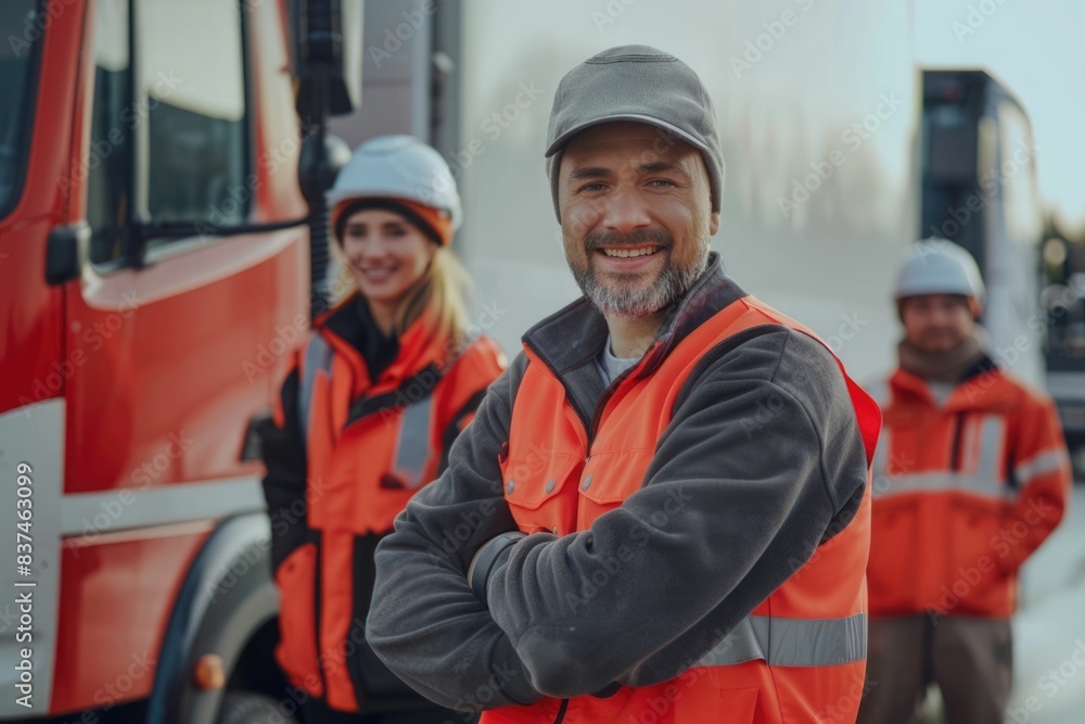 Obraz premium Group of delivery staff with transport truck. home delivery. Logistics worker.