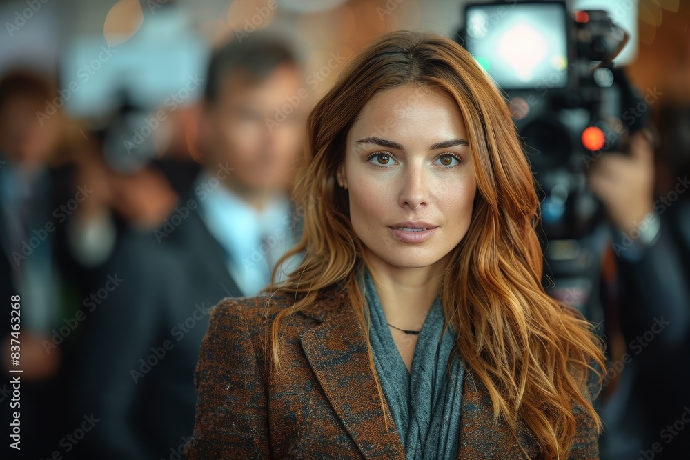 Obraz premium A professional young woman with long hair and wearing a stylish coat standing confidently in a busy indoor setting with blurred figures and camera equipment in the background