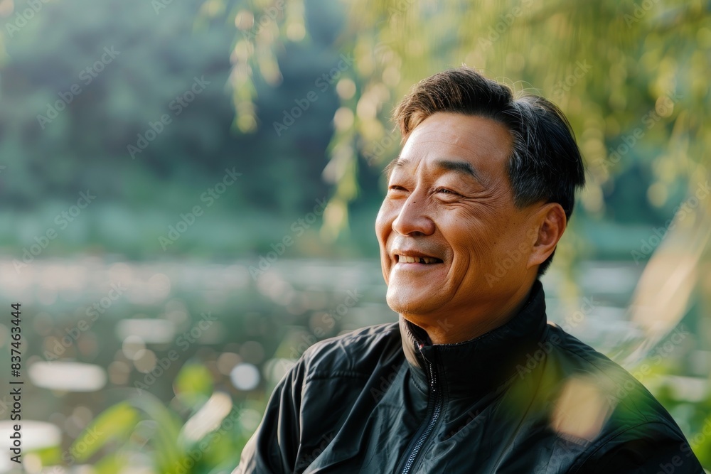 Portrait of a happy Asian man in his 50s, smiling outdoors with soft focus background of green foliage and water. Portrait of a happy Asian man in his 50s, smiling outdoors with soft focus background of green foliage and water.