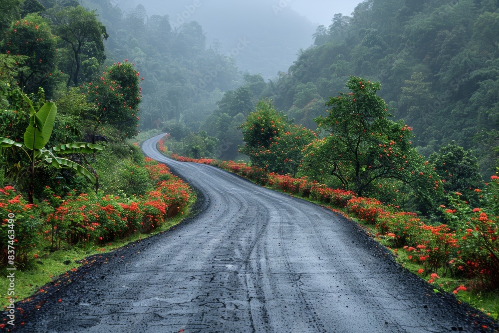 A serene, winding road cutting through lush, misty green hills adorned with vibrant red and orange flowers, showcasing the peaceful beauty of nature