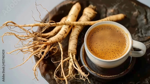 Ginseng Roots and Coffee on a Table. A unique still life photo of ginseng roots beside a cup of coffee, illustrating a blend of herbal and caffeinated themes. photo