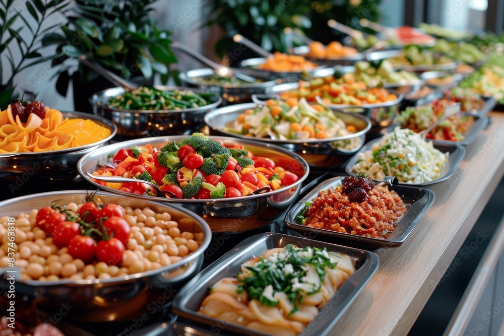 A vibrant and colorful buffet display featuring an array of freshly prepared, healthy salads and vegetables, showcasing a feast of nutritious and appetizing options