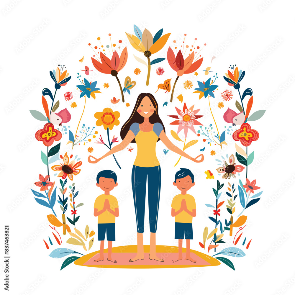 Young woman holds hands two boys surrounded vibrant flowers foliage. Boys appear identical, twins, all three barefoot yellow mat, exuding happiness. Bright colors burst background creating joyful Young woman holds hands two boys surrounded vibrant flowers foliage. Boys appear identical, twins, all three barefoot yellow mat, exuding happiness. Bright colors burst background creating joyful