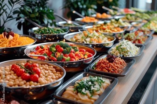 A vibrant and colorful buffet display featuring an array of freshly prepared  healthy salads and vegetables  showcasing a feast of nutritious and appetizing options
