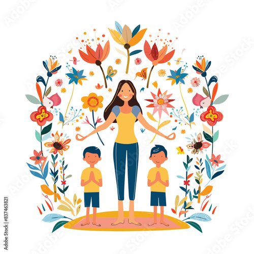 Young woman holds hands two boys surrounded vibrant flowers foliage. Boys appear identical, twins, all three barefoot yellow mat, exuding happiness. Bright colors burst background creating joyful