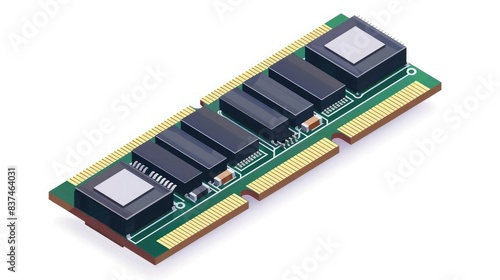 Detailed flat modern illustration of a computer memory module or RAM stick on a white background. Electronic component with chips. Colored illustration of PC hardware on a white background photo