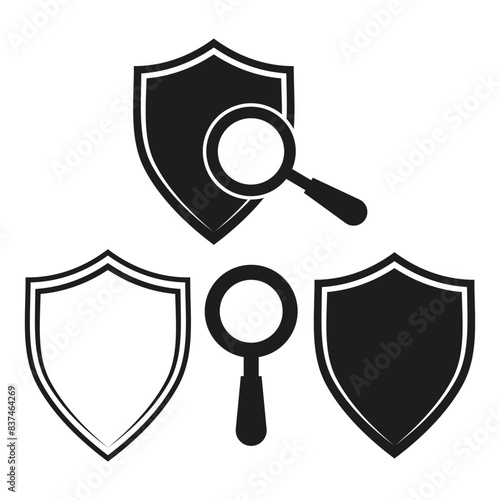 Security shield icons. Magnifying glass symbols. Black vector illustrations. Protection and search.