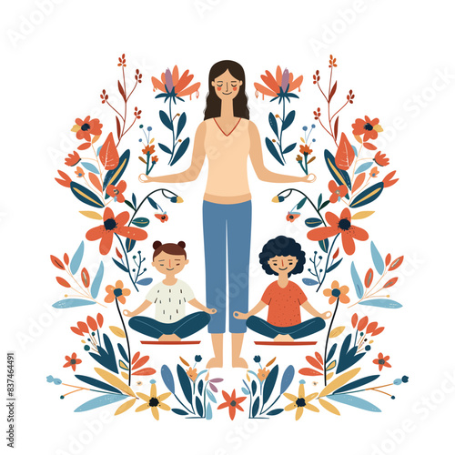 Woman practicing yoga children surrounded colorful floral arrangement. Adult female yoga instructor meditates young kids peaceful setting. Illustration family session, harmony nature theme, wellness